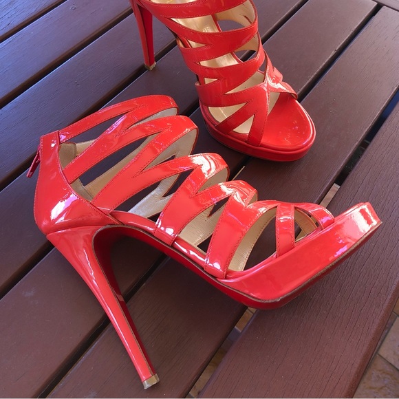 Authentic Christian Louboutin Fernando 120mm Strappy Patent Orange Heels EU37 - Picture 5 of 12